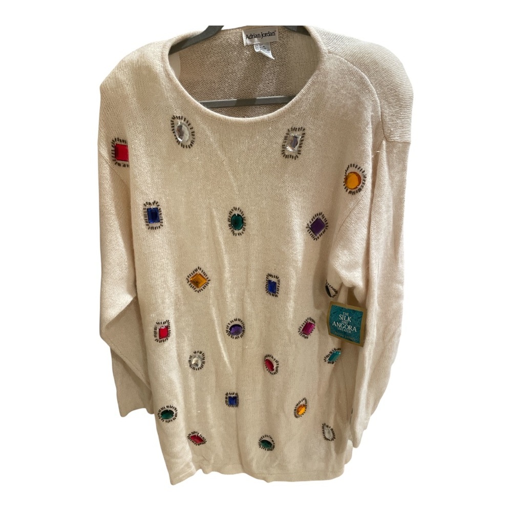 Vintage 80's Adrian Jordan white rhinestone silk and angora sweater size 14/16
